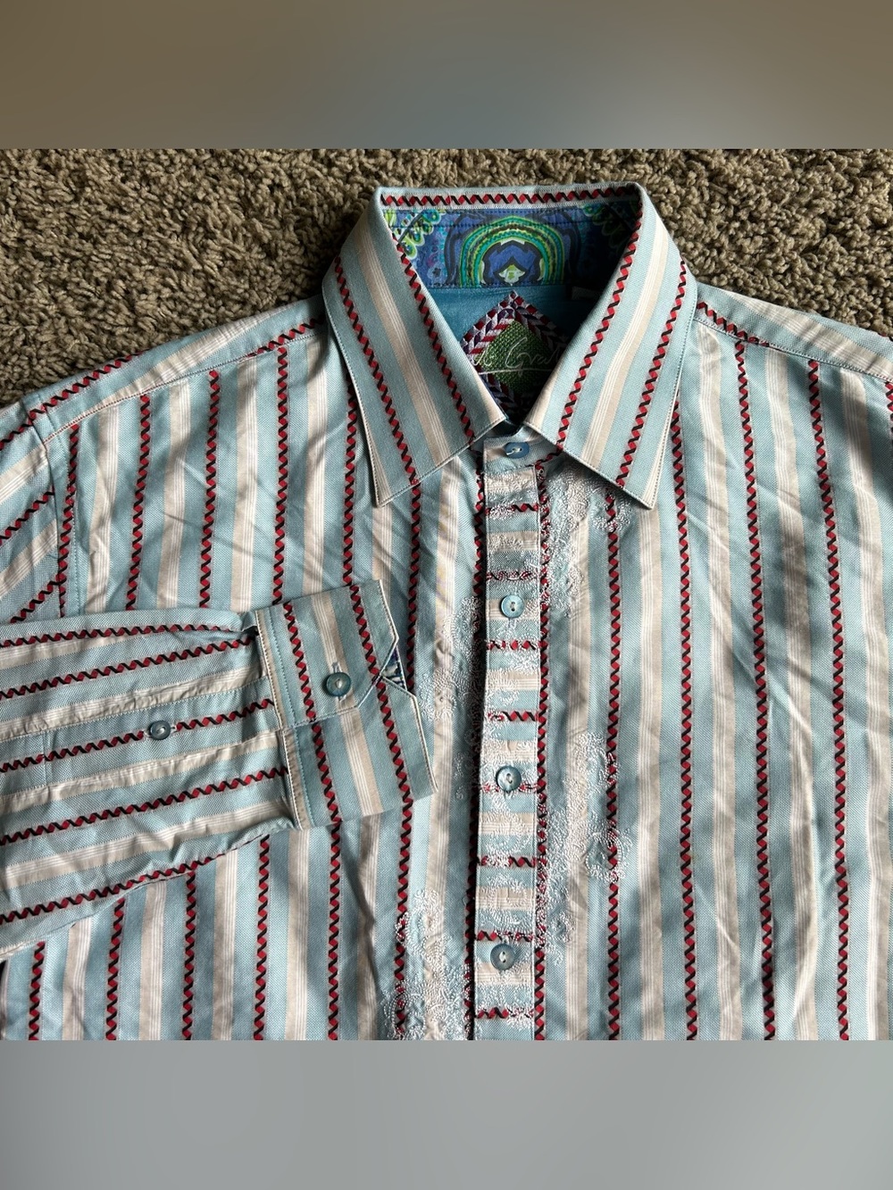 Robert Graham Silk Shirt Mens Medium Light Blue Paisley Embroidered Flip Cuff